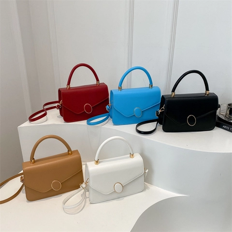 PU Leather Crossbody Bag Women Small Square Handbag Gold Oval Clasp Top Handle Adjustable Strap Retro Solid Color Minimalist