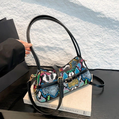 Borsa Baguette Da Donna Stampa Serpente Retro Pelle PU Borsa A Tracolla Sottobraccio Con Decoro Fibbia Cintura Moda Tendenza