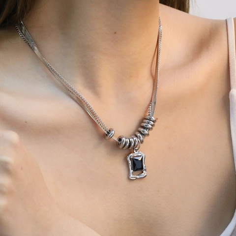 Collana A Doppio Strato In Acciaio Inossidabile Con Ciondolo Quadrato In Agata Nera Catena A Spina Di Pesce Gioielli Moderni