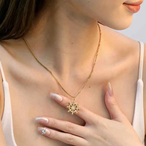Schiff Ruder Anhänger Halskette 18K Vergoldet Edelstahl Nautisches Rad Kompass Schlüsselbein Kette Schmuck Für Frauen