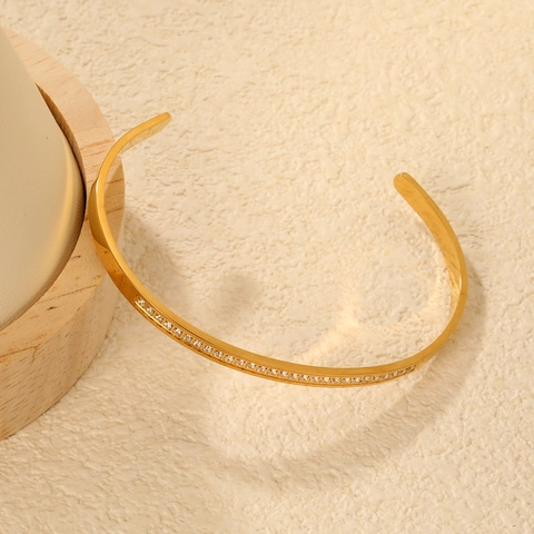 Edelstahl Offene Manschette Armreif 18K Vergoldet Mit Strass Besetzt Minimalistischer Luxus Modeschmuck Für Damen