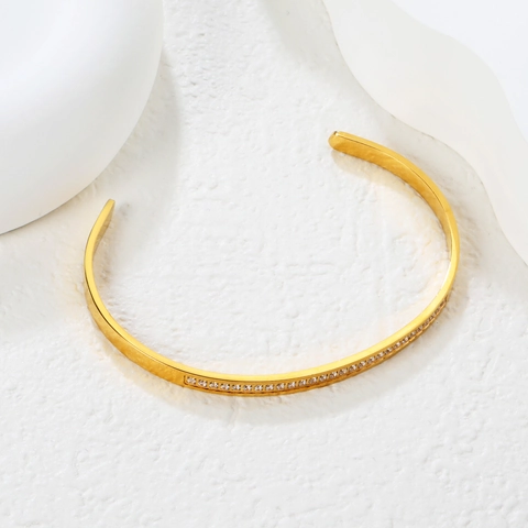 Edelstahl Offene Manschette Armreif 18K Vergoldet Mit Strass Besetzt Minimalistischer Luxus Modeschmuck Für Damen