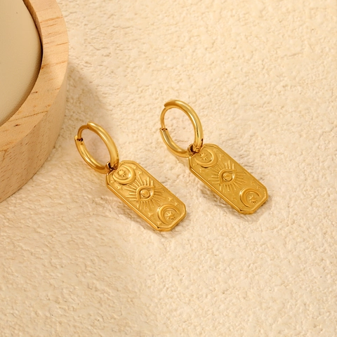Gold Vergoldete Edelstahl Hängeohrringe Rechteckiger Anhänger Sonne Mond Stern Auge Boho Mystischer Schmuck Damen