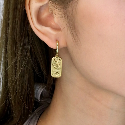 Gold Vergoldete Edelstahl Hängeohrringe Rechteckiger Anhänger Sonne Mond Stern Auge Boho Mystischer Schmuck Damen