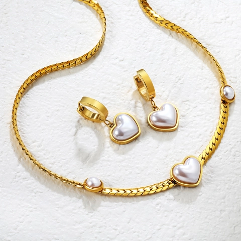 Gioielli Cuore Perla Artificial Imitazione Collana E Orecchini Acciaio Inossidabile Placcato Oro Catena Serpente Elegante Donna