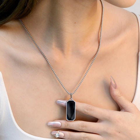 Collana Con Pendente Rettangolare Nero Minimalista Catena In Acciaio Inossidabile Gioielli Per Uomini Unisex
