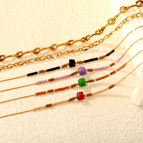 Stainless Steel Gold Plated Anklet For Women Vintage Fashion Figaro Chain With Colored Stones Adjustable Foot Jewelry