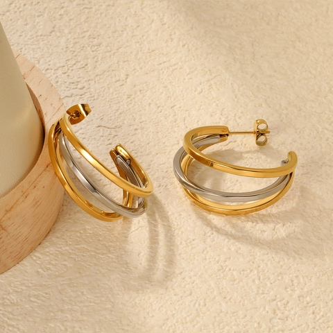 Orecchini A Cerchio Intrecciati A Tre Strati In Acciaio Inossidabile Placcato Oro 18K Bicolore Forma A C Donna