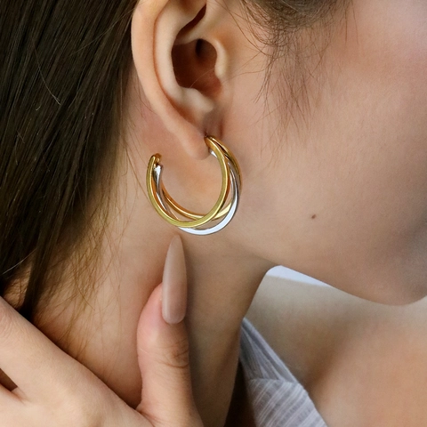 Orecchini A Cerchio Intrecciati A Tre Strati In Acciaio Inossidabile Placcato Oro 18K Bicolore Forma A C Donna