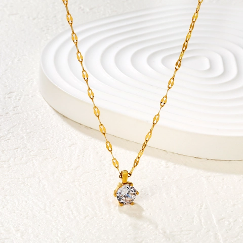 Solitaire Pendant Necklace Stainless Steel Dainty Round White Zircon Claw Setting Minimalist Elegant Women Jewelry