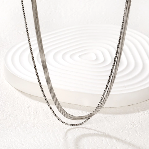 Double Layered Necklace Stainless Steel Silver Color Herringbone And Box Chain Minimalist Clavicle Jewelry Women