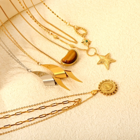 Edelstahl Vergoldete Halskette Für Damen Tigerauge Stern Bohne Anhänger Stapelbar Schmuck Mode Accessoire