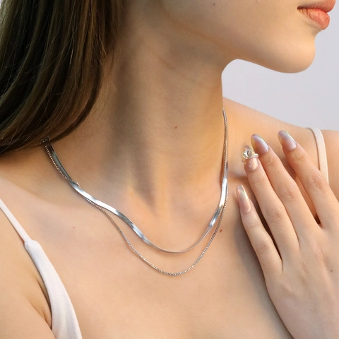 Double Layered Necklace Stainless Steel Silver Color Herringbone And Box Chain Minimalist Clavicle Jewelry Women