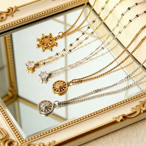 Stainless Steel Pendant Necklace Zircon Ship Rudder Sun Minimalist Geometric Chic Fashion Jewelry Gift For Women