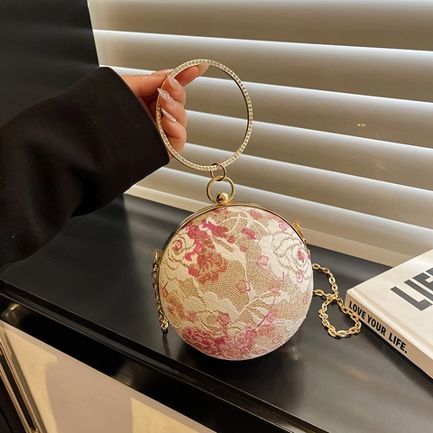 Luxury Spherical Evening Bag For Women Lace Flower Embroidered Round Handbag Rhinestone Circle Handle Metal Chain Shoulder Crossbody Bag Wedding Party Purse