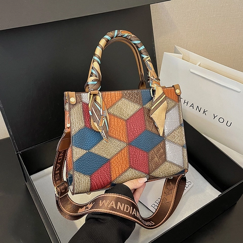 Geometric 3D Color Block Patchwork PU Leather Crossbody Handbag With Scarf Wrapped Handle And Wide Strap Vintage Niche