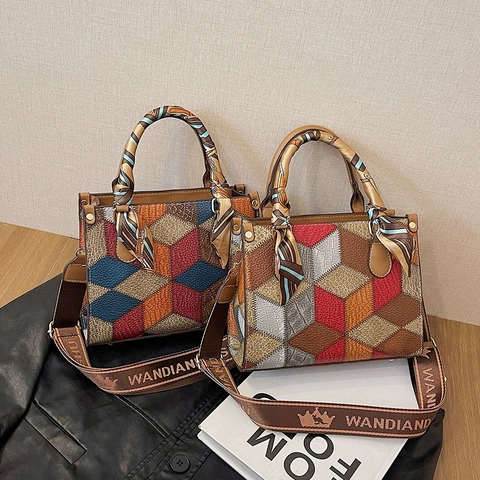 Geometric 3D Color Block Patchwork PU Leather Crossbody Handbag With Scarf Wrapped Handle And Wide Strap Vintage Niche