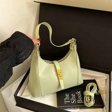 Women Hobo Underarm Bag PU Leather Textured Shoulder Crossbody Bag With Gold Lock Minimalist Commuter Handbag