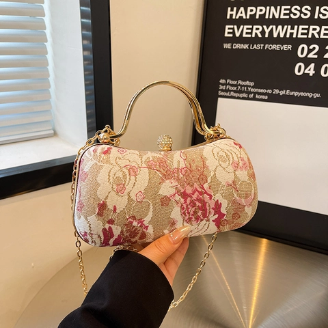 Women Vintage Floral Jacquard Evening Clutch Bag Metal Handle Rhinestone Lock Detachable Chain Shoulder Crossbody Purse