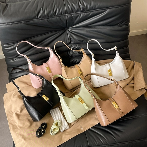 Women Hobo Underarm Bag PU Leather Textured Shoulder Crossbody Bag With Gold Lock Minimalist Commuter Handbag