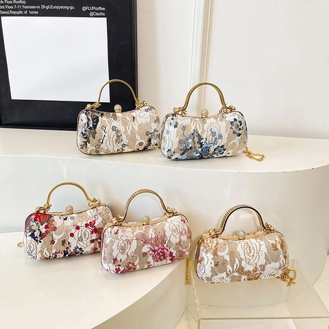 Women Vintage Floral Jacquard Evening Clutch Bag Metal Handle Rhinestone Lock Detachable Chain Shoulder Crossbody Purse
