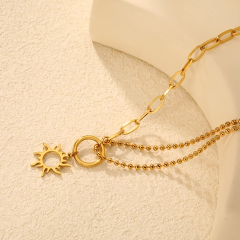 Halskette Aus Edelstahl Mit Sonnenanhänger 18 Karat Vergoldet Asymmetrische Gliederkette Und Perlenkette Schmuck Für Damen