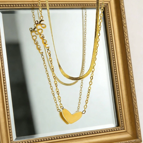 Collier Double Couche Plaqué Or 18K Acier Inoxydable Pendentif Coeur Lettre Love Chaîne Serpent Bijoux Chic Pour Femmes