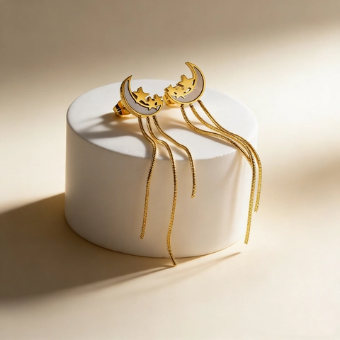 Pendientes De Borla De Acero Inoxidable Luna Estrella Concha Blanca Chapado En Oro Cadena De Serpiente Larga