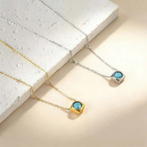 Stainless Steel Square Cubic Zirconia Pendant Necklace 18K Gold Silver Plated Geometric Clavicle Chain For Women Jewelry