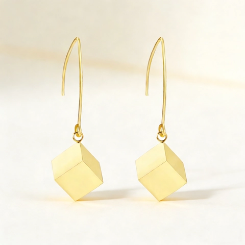 Boucles d'Oreilles Pendantes Cube Minimaliste Acier Inoxydable Plaqué Or Long Crochet Carré Géométrique Bijoux Femmes