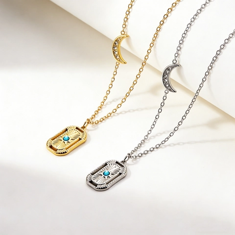 Collana Celeste In Acciaio Inossidabile Placcato Oro Mezzaluna Zirconia Rettangolare Raggi Di Sole Ciondolo Pietra Blu