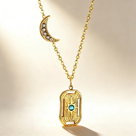 Collana Celeste In Acciaio Inossidabile Placcato Oro Mezzaluna Zirconia Rettangolare Raggi Di Sole Ciondolo Pietra Blu