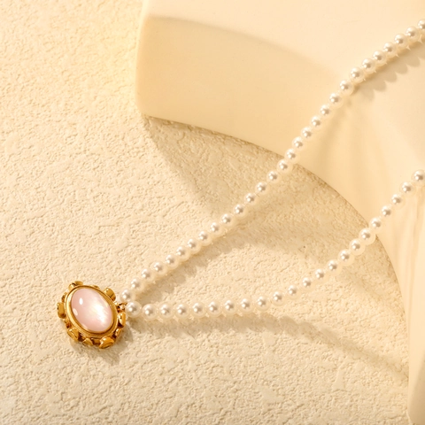 French Style Artificial Pearl Chain Necklace With Pink Shell Oval Pendant Stainless Steel Romantic Elegant For Women