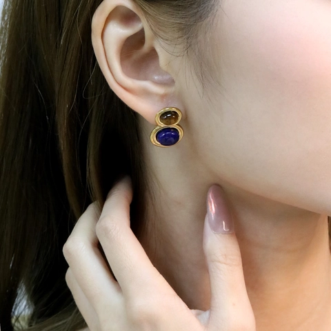 Vintage Oval Stud Earrings Gold Plated Stainless Steel With Tiger Eye And Lapis Lazuli Stones For Women Retro Style Jewelry
