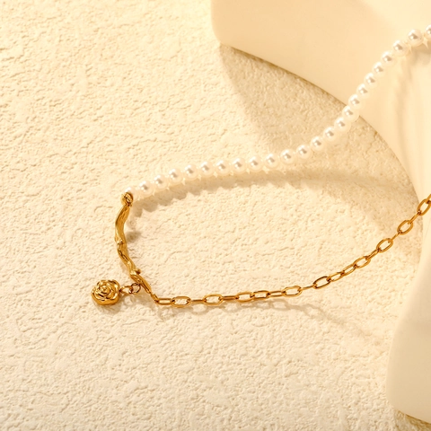 Stainless Steel Necklace With Artificial Pearl And Rose Flower Pendant Branch Design Asymmetrical Gold Tone Floral Jewelry For Women