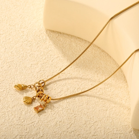 Collar Pendiente Concha Acero Inoxidable Con Gema Cuadrada Cadena Serpiente Dorada Joyería Playa Vacaciones Para Mujer
