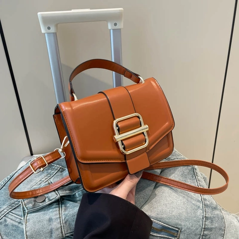 Damen Minimalistische PU Leder Umhängetasche Vintage Kleine Quadratische Handtasche Mit Gold Metallschnalle Klappe Schultertasche Für Den Alltag