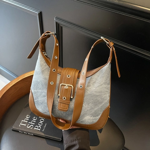 Women Retro PU Leather Denim Patchwork Shoulder Bag Vintage Underarm Crossbody Bag Hobo Tote With Metal Buckle For Daily Use