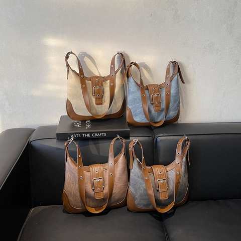 Women Retro PU Leather Denim Patchwork Shoulder Bag Vintage Underarm Crossbody Bag Hobo Tote With Metal Buckle For Daily Use