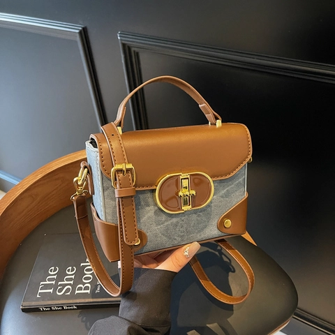 Women Vintage Color Block Small Square Crossbody Bag PU Leather Denim Patchwork Handbag With Gold Metal Lock Rivets Adjustable Strap