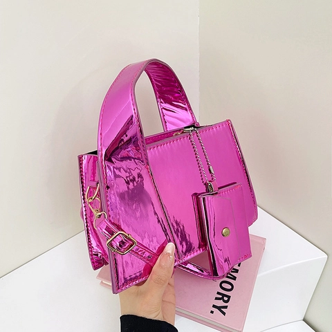 Women's Glossy Mirror PU Leather Handbag Metallic Square Crossbody Bag With Matching Mini Coin Purse Fashion Shoulder Bag