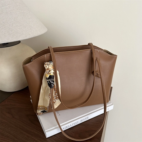 Women Large Capacity Tote Bag PU Leather Shoulder Bag With Satin Scarf Decoration Minimalist Commuter Handbag For Daily