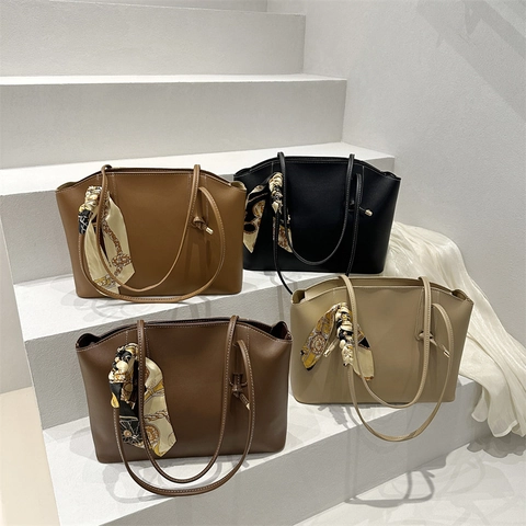 Women PU Leather Tote Bag With Satin Scarf Decoration Large Capacity Solid Color Shoulder Bag Simple Fashion Daily Commuter Handbag