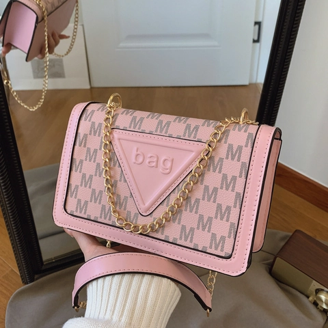 Women Monogram Crossbody Bag Fashion M Letter Print PU Leather Shoulder Bag Gold Chain Small Square Bag Magnetic Snap All Match Daily Satchel