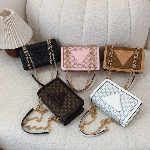 Women Monogram Crossbody Bag Fashion M Letter Print PU Leather Shoulder Bag Gold Chain Small Square Bag Magnetic Snap All Match Daily Satchel