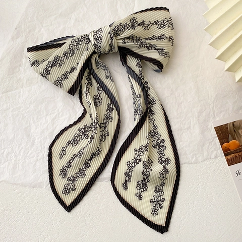 Women Pleated Skinny Scarf Floral Print Satin Hair Band Bag Handle Wrap Decorative Neck Scarf Vintage Elegant Fashion Accessory