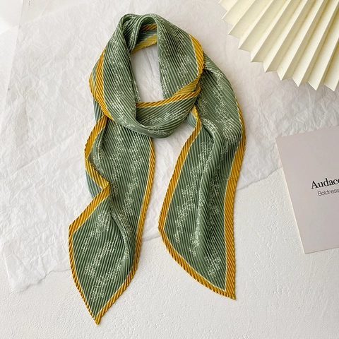 Women Pleated Skinny Scarf Floral Print Satin Hair Band Bag Handle Wrap Decorative Neck Scarf Vintage Elegant Fashion Accessory