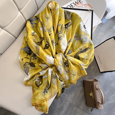 Elegant Floral Print Large Scarf Lightweight Sun Protection Beach Shawl Polyester Satin Wrap For Women