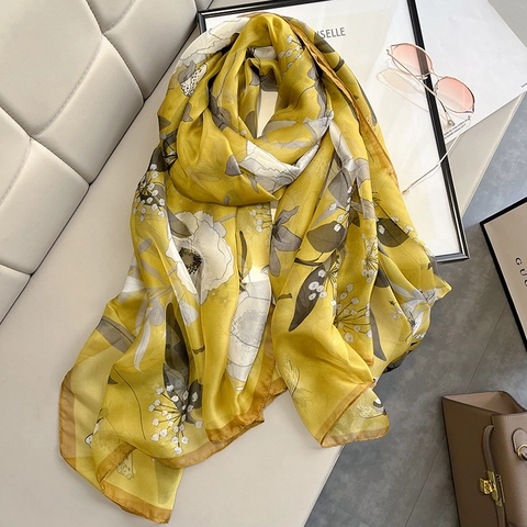 Elegant Floral Print Large Scarf Lightweight Sun Protection Beach Shawl Polyester Satin Wrap For Women