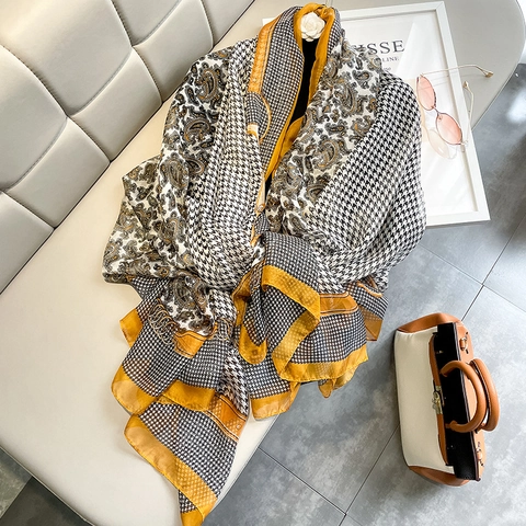 Bufanda Chal Con Estampado De Pata De Gallo Y Cachemira Satén Artificial Protector Solar De Gran Tamaño Accesorio De Moda Elegante